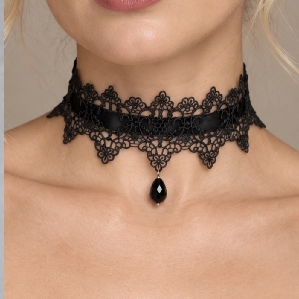 Gothic Black Lace Black Velvet Ribbon Choker Necklace